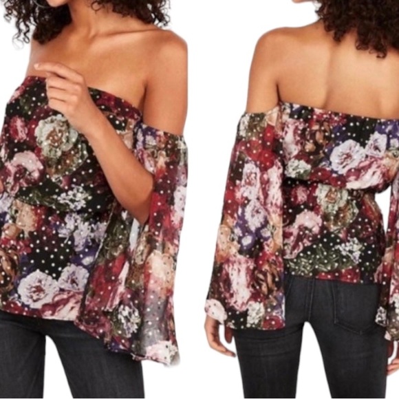 Express Off-the-Shoulder Elastic Waist Floral Gold Dot Top Blouse Size Medium - Picture 3 of 7